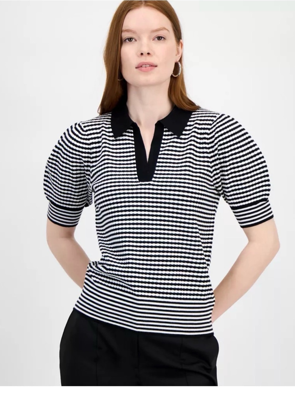 Tahari womens collared split neck puff sleeve top sporting a contrast size small